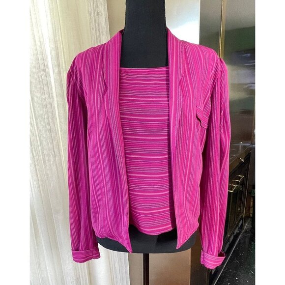 Vintage 80s twinset, pink striped long sleeves blouse, with camisole, size 6 - Picture 2 of 10